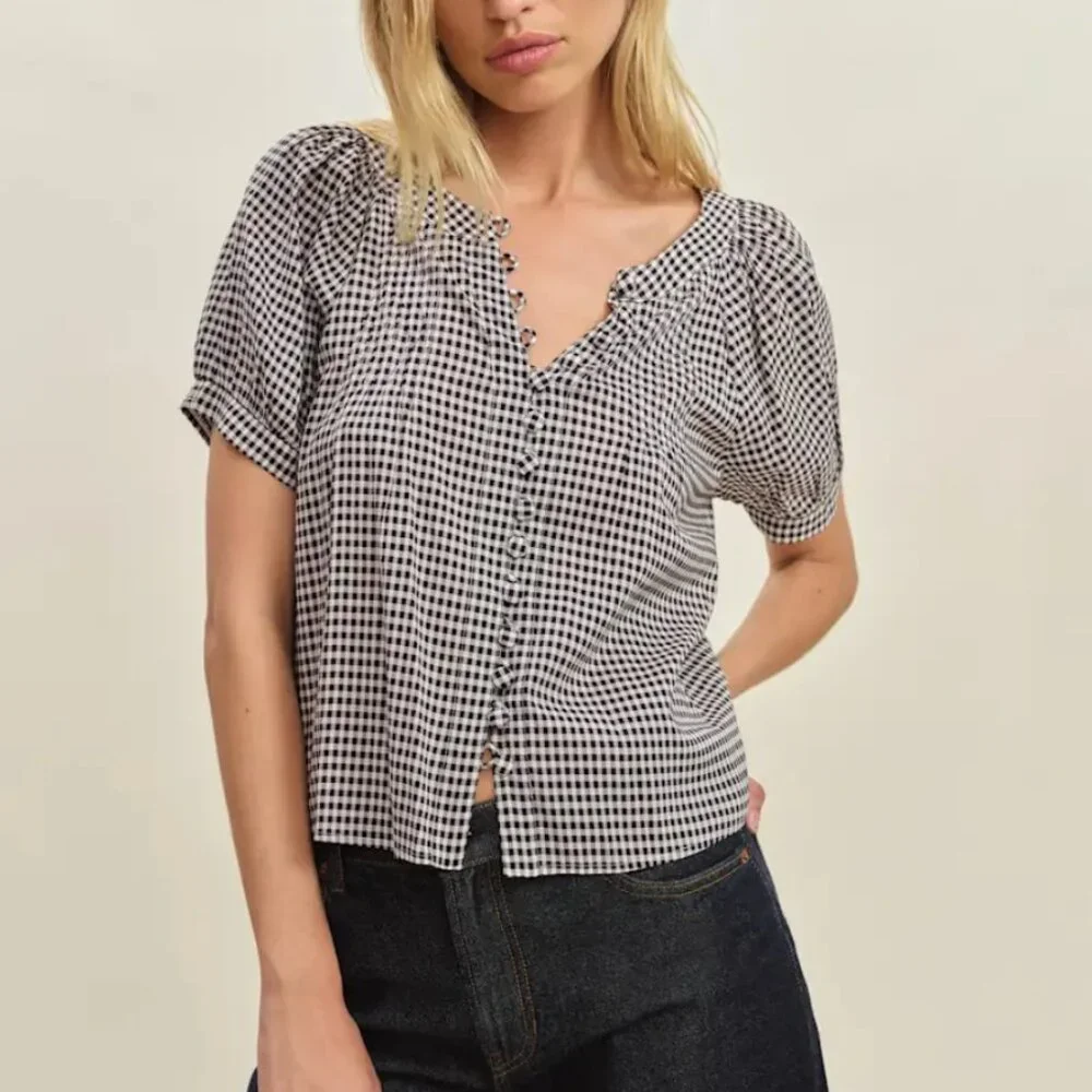 Reformation Black and White Gingham Button-Front Blouse